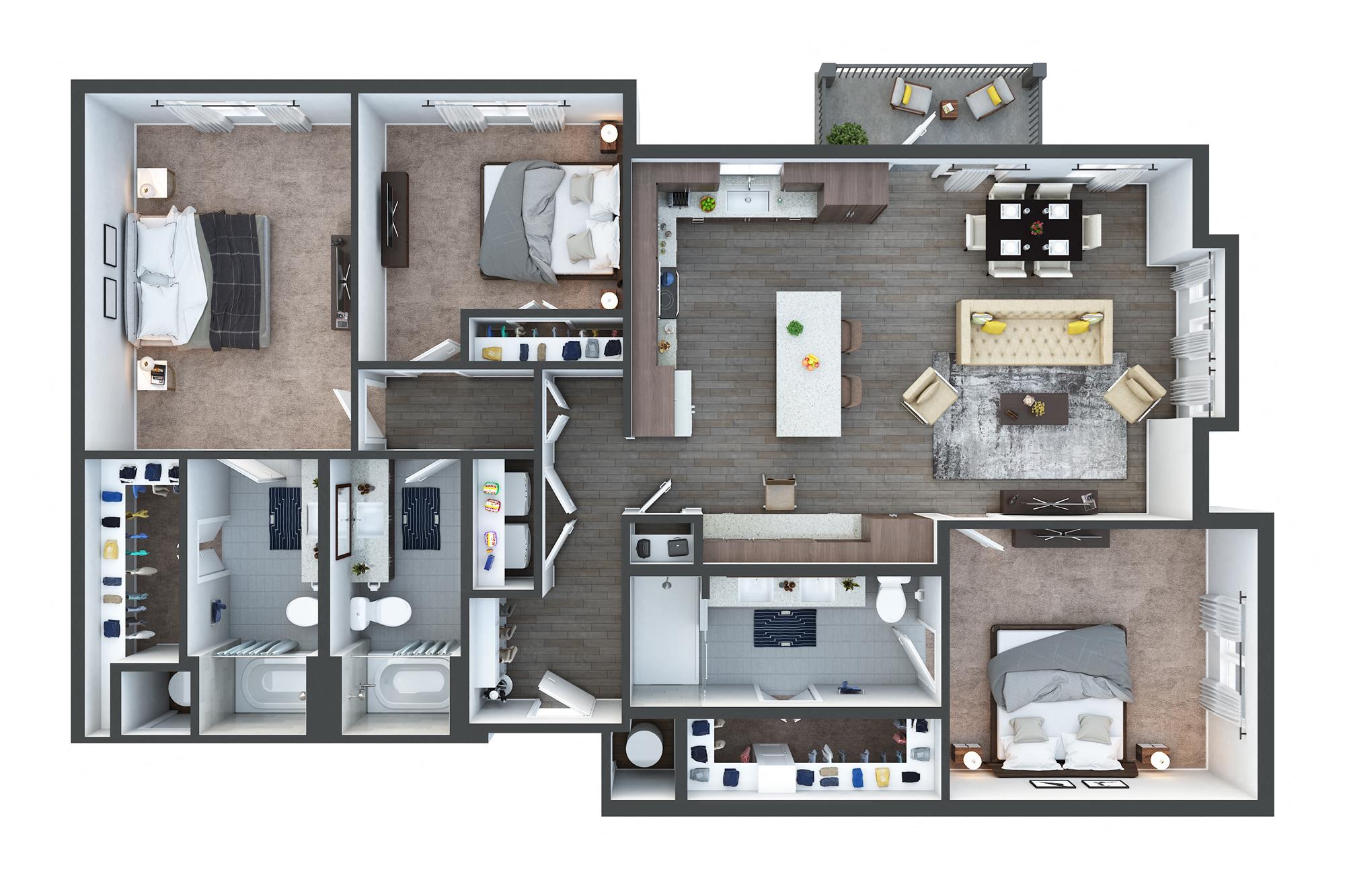 Floor plan for 3 beds, 3 baths, 1646 sqft